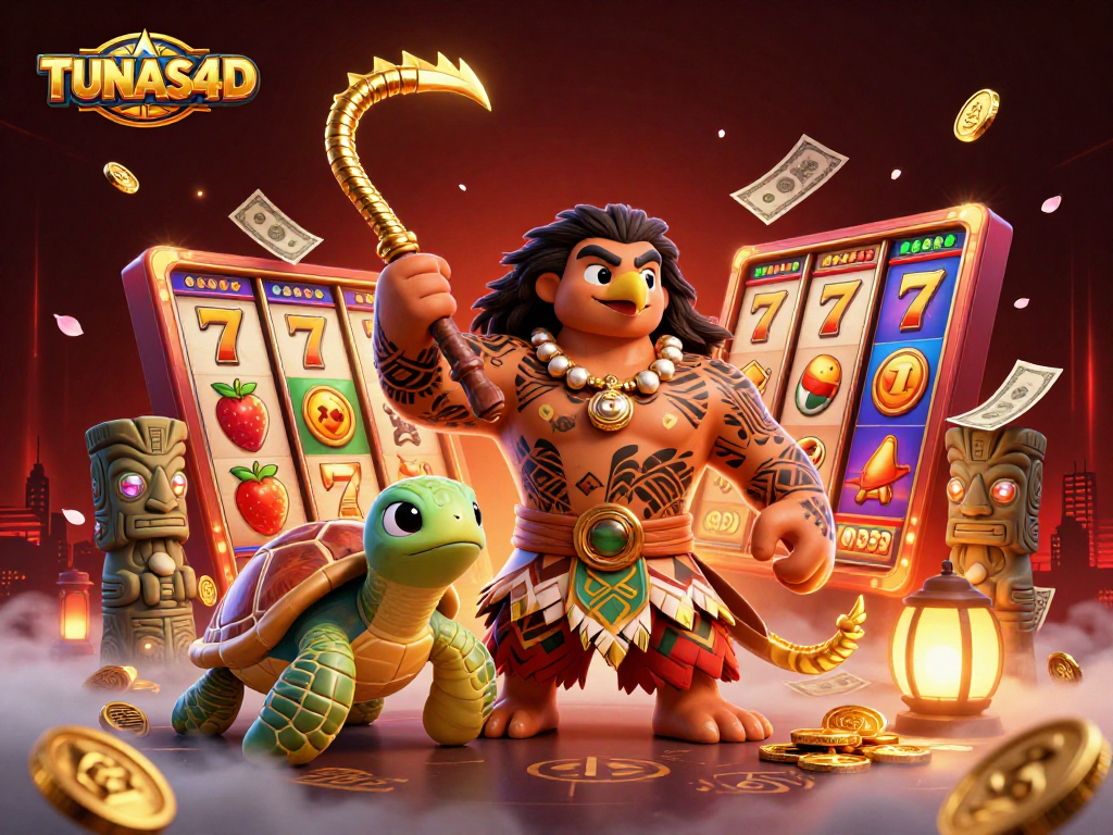TUNAS4D showcases a thrilling scene with vibrant slot reels, golden coins, and Polynesian characters in an exciting casino setting.