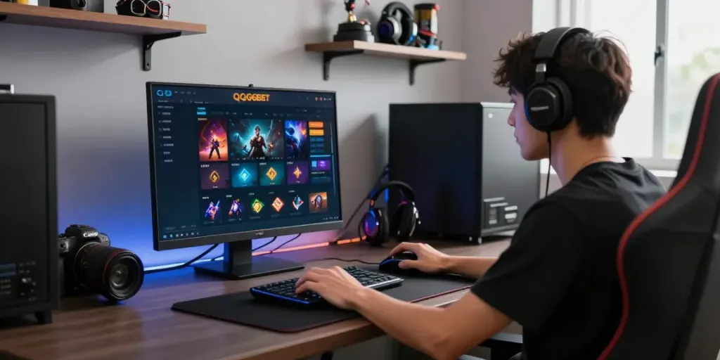 Pengguna QQGOBET menikmati permainan online dengan antarmuka modern dan aksesori gaming canggih.