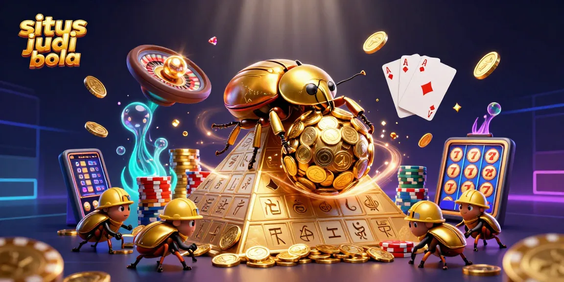 Engage in situs judi bola with thrilling elements like golden coins and vibrant casino imagery.