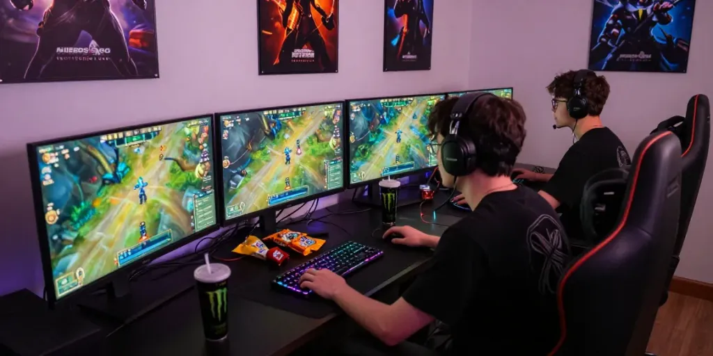 Gamer serius bermain sniperslot di studio gaming dengan monitor yang ditampilkan penuh warna.