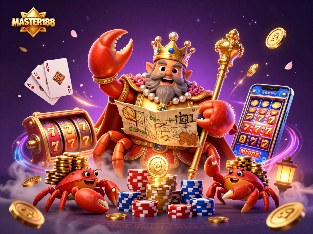 Engage in thrilling gaming adventures with MASTER188's vibrant 3D casino scene featuring slots, chips, and golden treasures.