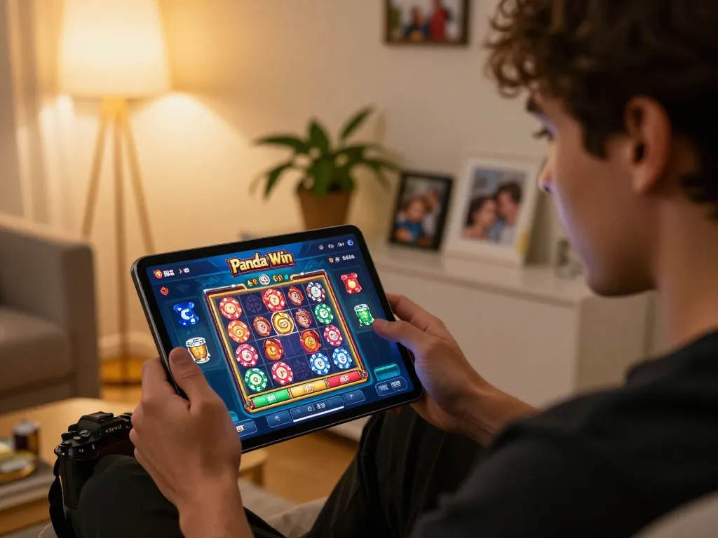 Keceriaan mesin slot Panda Win yang ditampilkan di tablet dalam pengaturan permainan di rumah yang nyaman