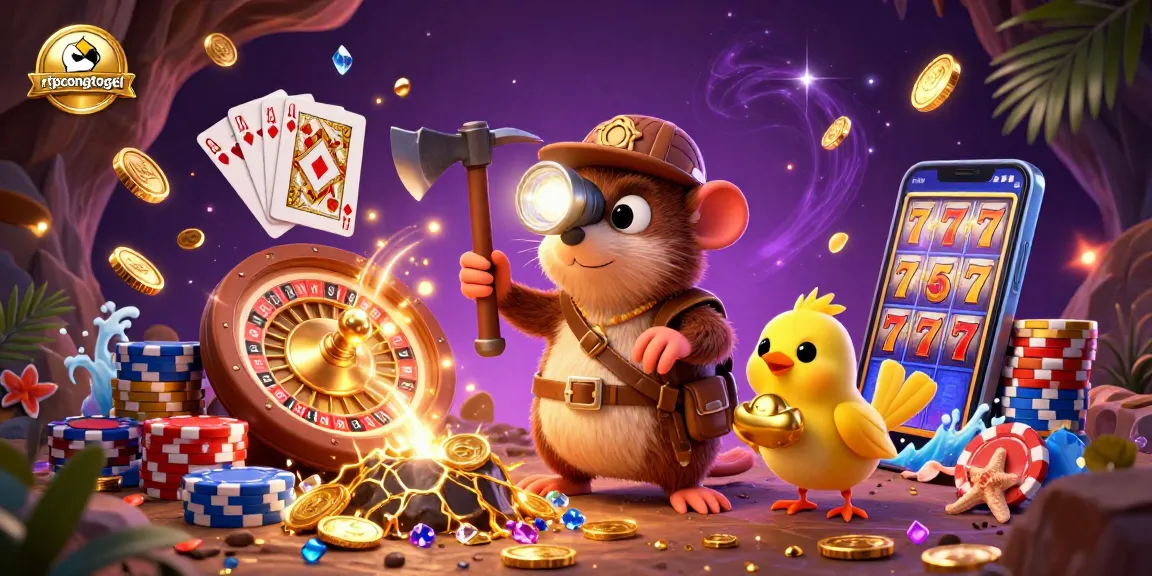 Experience the thrill of rtpcongtogel with a captivating 3D illustration of a treasure hunter mole amid cascading coins and gems.