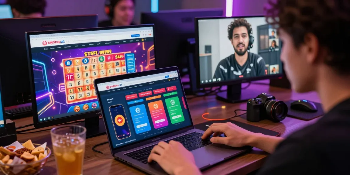 Pemain rajatogel sedang menikmati pengalaman bermain togel online di laptop dengan latar belakang grafis warna-warni.