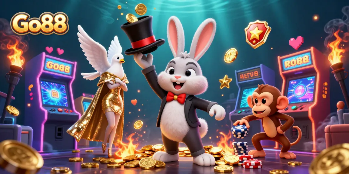 Join the excitement at Go88 with this captivating 3D scene featuring vibrant casino elements and animated characters.