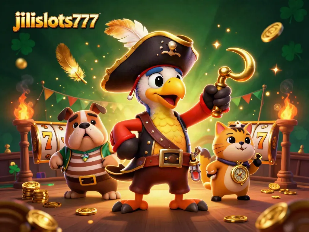Experience the thrill of jilislots777 with an engaging slot game scene featuring pirate characters.