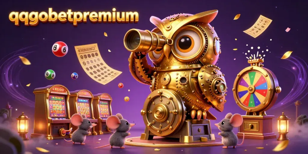 Experience the thrills at qqgobetpremium with a golden owl overseeing a lively casino scene filled with excitement.