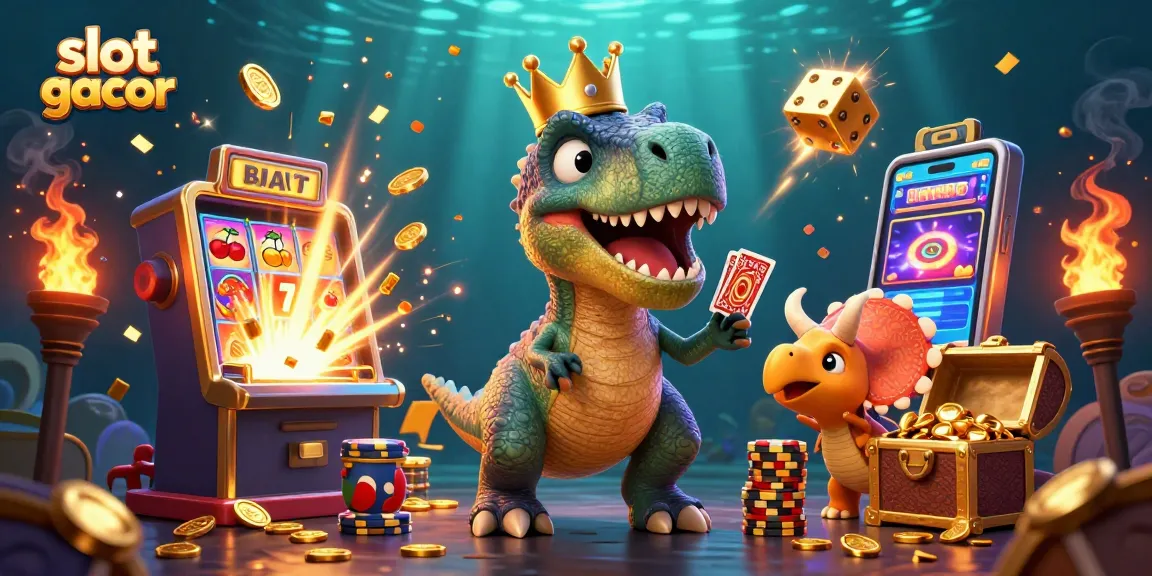 Engage in slot gacor gameplay with a T-Rex and friends amidst jackpot explosions.