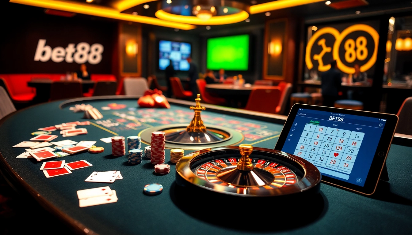 Experience the excitement of Bet88 with vibrant casino tables and online gaming interfaces.