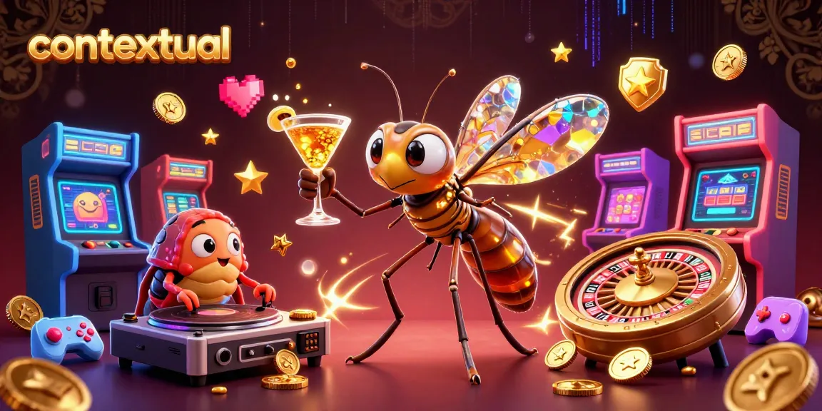 Experience contextual gaming excitement with a frozen-in-amber mosquito casino mascot amid vibrant arcade elements.
