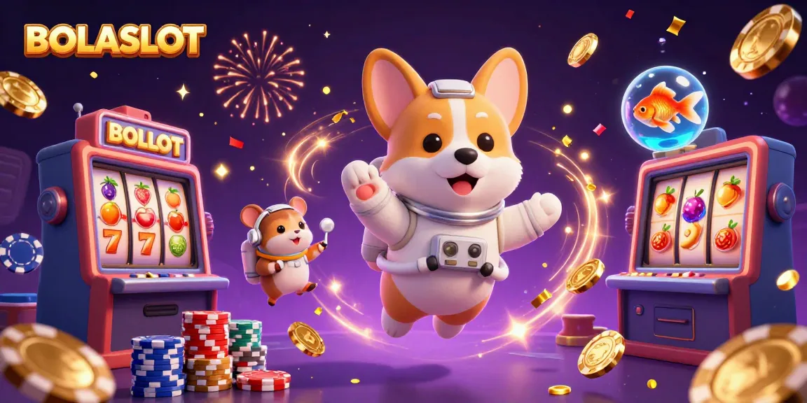 BOLASLOT highlights an engaging slot experience with a 3D corgi and vibrant casino elements.
