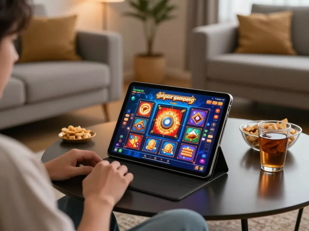 Engaging online gaming experience at home with slot gacor gampang menang themes highlighting player excitement.