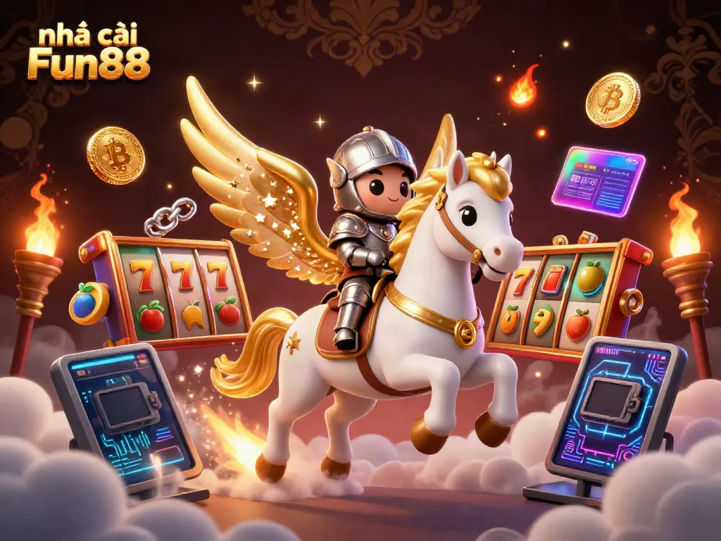 Experience excitement at nhà cái Fun88, featuring a celestial steed, jackpot slots, and dynamic gaming elements.