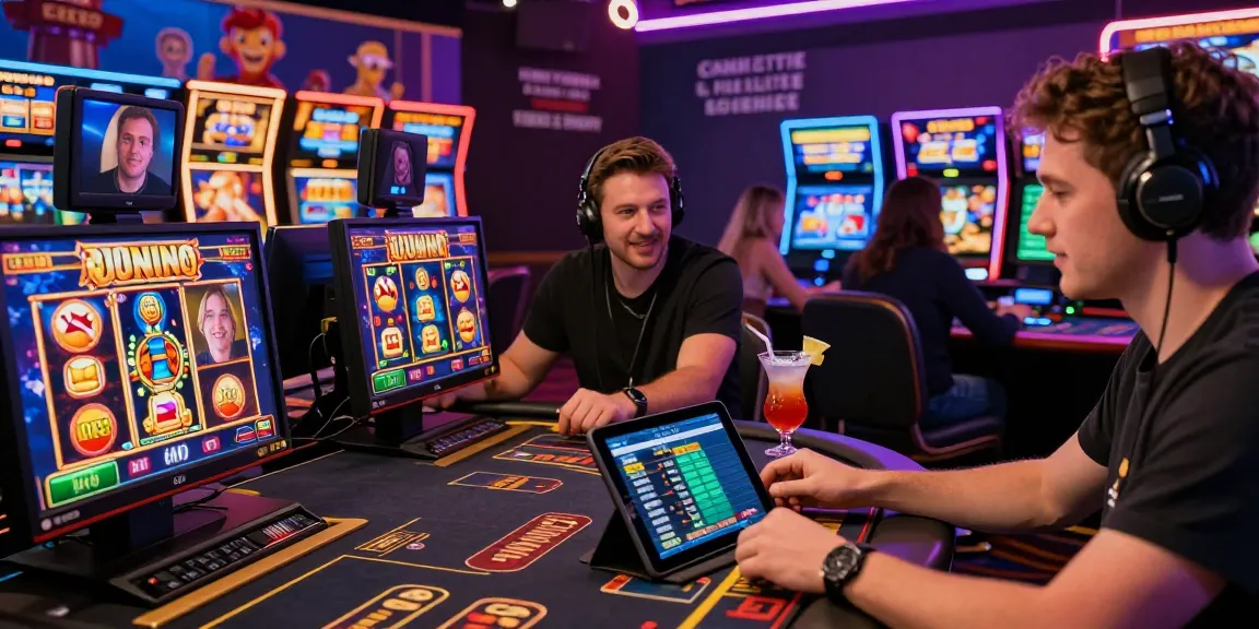 Exciting online slot gaming scene with players engaging with colorful slot games and cocktails.
