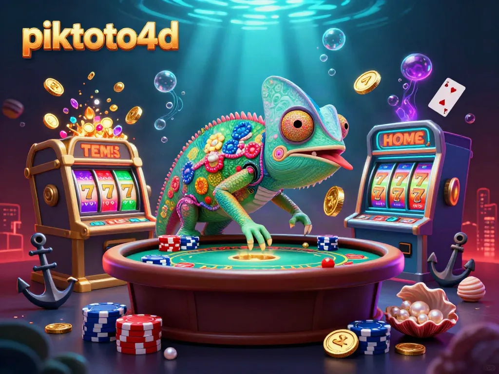 Engage in thrilling casino action with piktoto4d, featuring a vibrant chameleon casino owner and dynamic game elements.