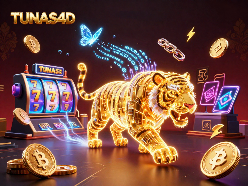 TUNAS4D showcases thrilling gaming moments with neon-lit golden tiger and vibrant digital coins.