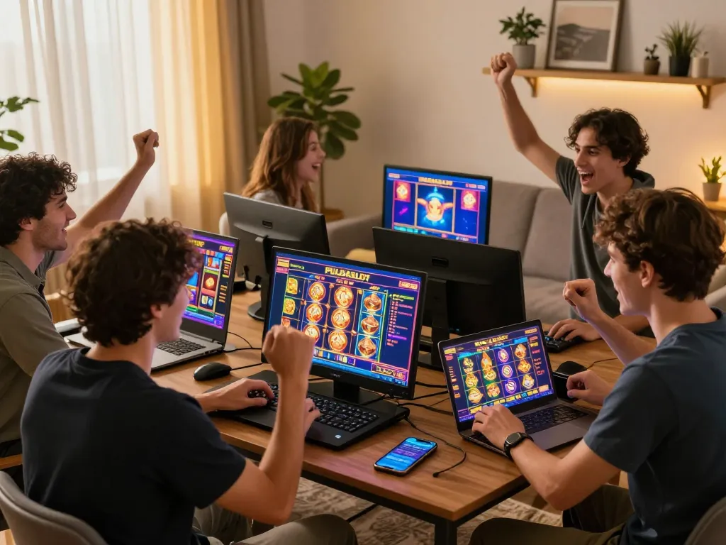 PULSASLOT players enjoying thrilling online slots during an exciting home gaming session