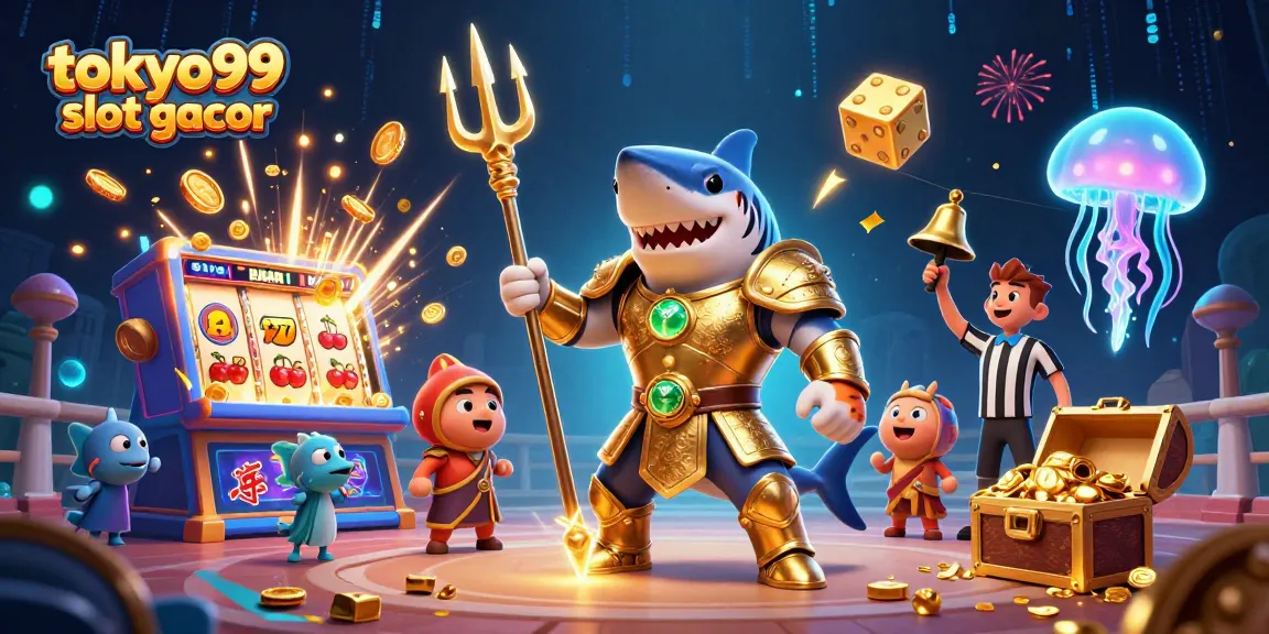 Permainan seru di tokyo99 slot gacor dengan ilustrasi hiu kartun 3D yang mengesankan dan mesin slot yang meledak koin.