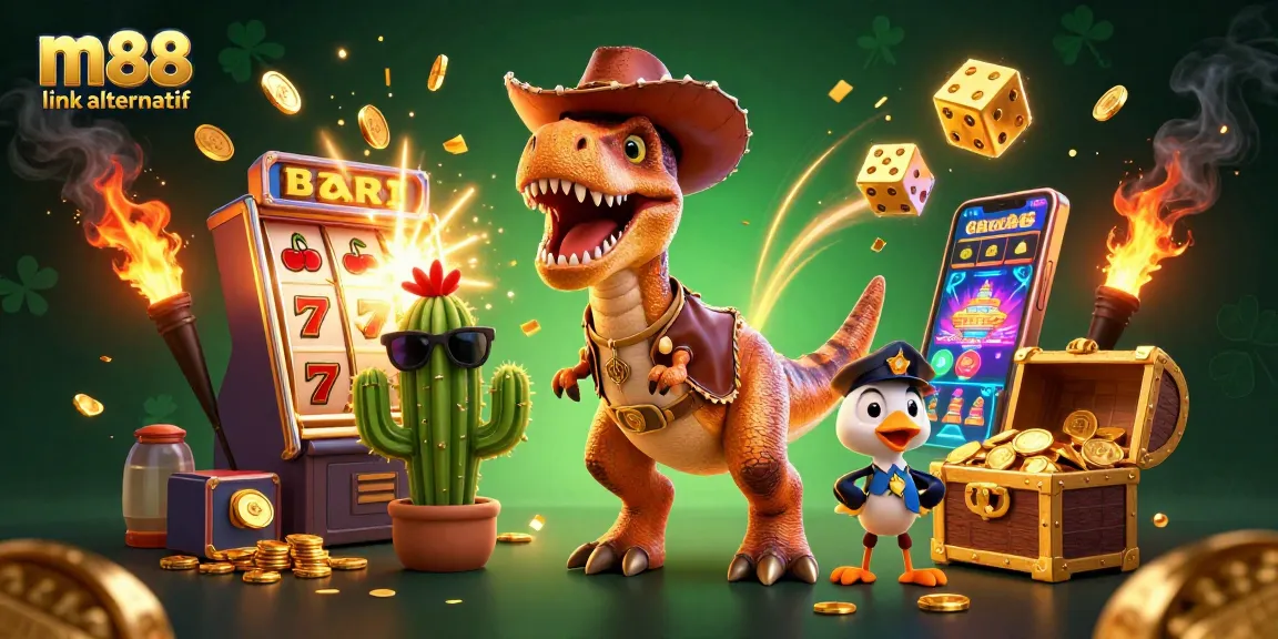 Bet on thrilling wins with m88 link alternatif, featuring vibrant casino characters and dynamic game elements.