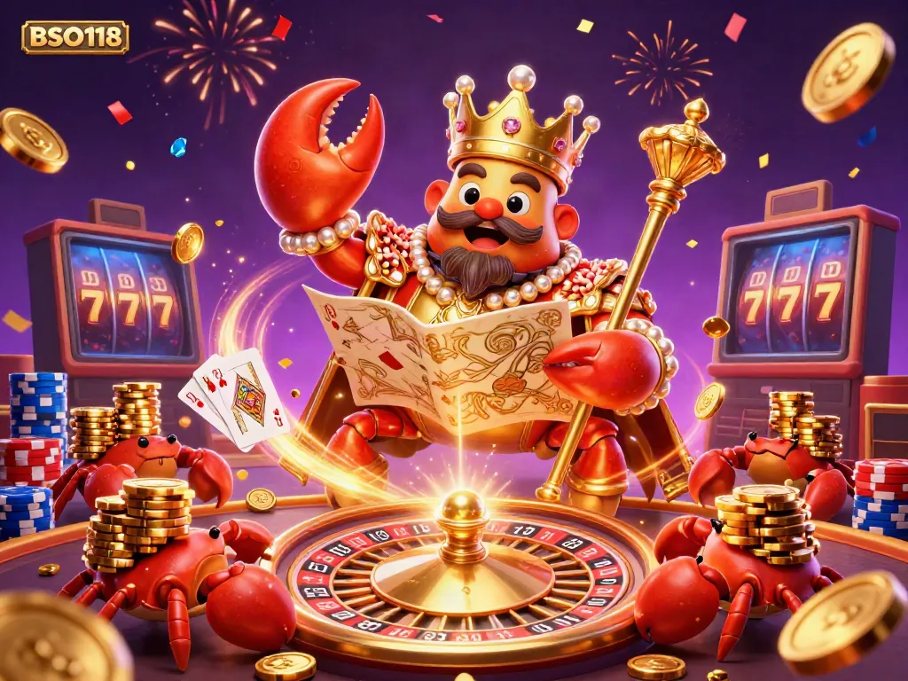 Experience the thrilling BSO118 casino adventure with a golden crab emperor and vibrant gaming elements.