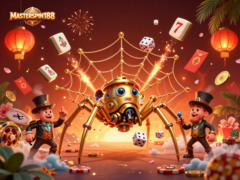 Engage with MASTERSPIN188 as a steampunk spider weaves a golden casino web