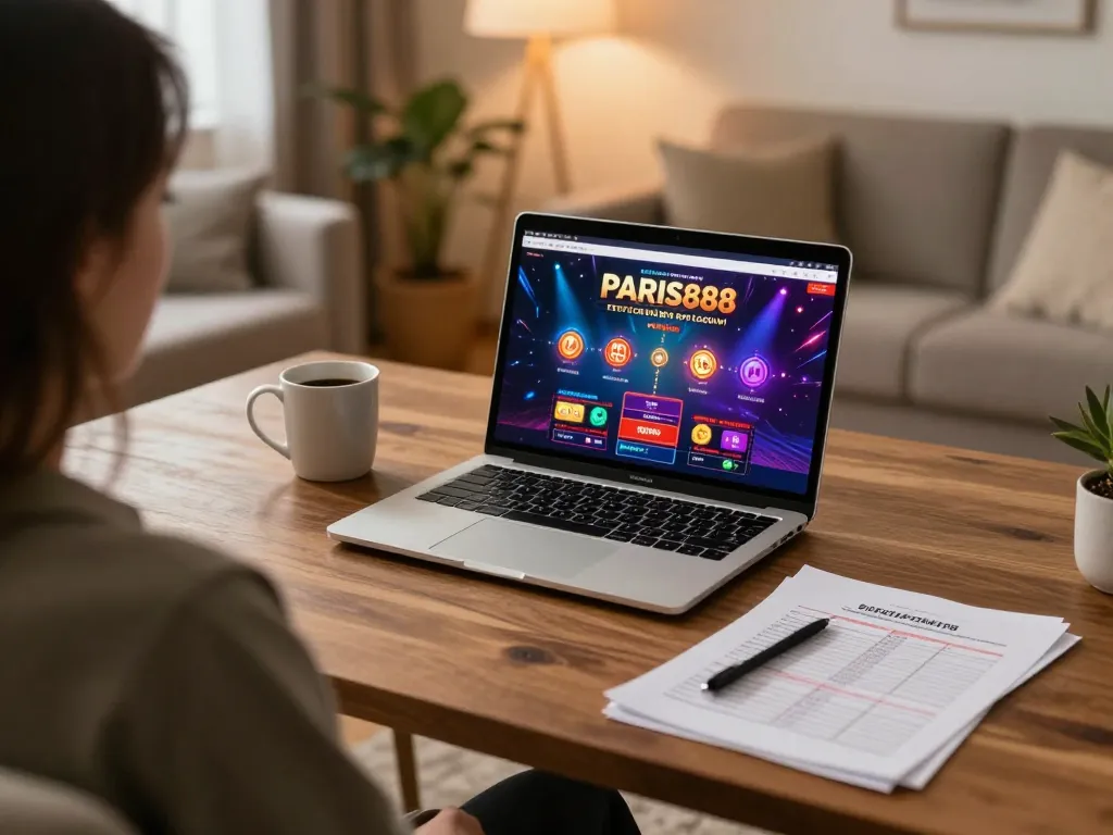 Engaging online gaming session on Paris888 with laptop showcasing dynamic casino interface and bankroll strategy notes.