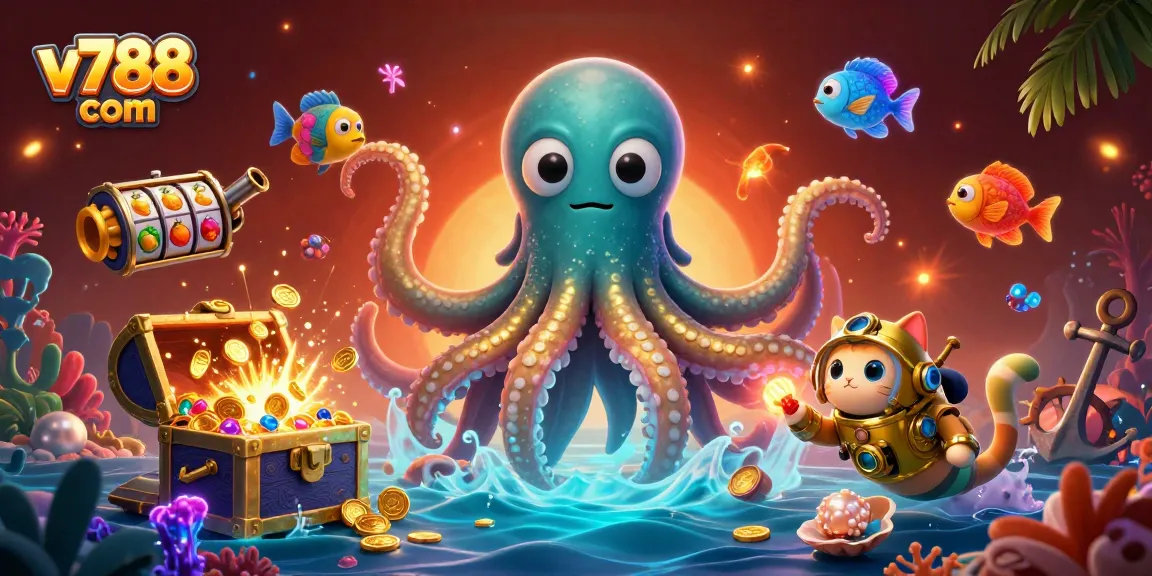Experience the excitement of v788 com with a vibrant 3D casino scene featuring a kraken, diving cat, and underwater treasures.