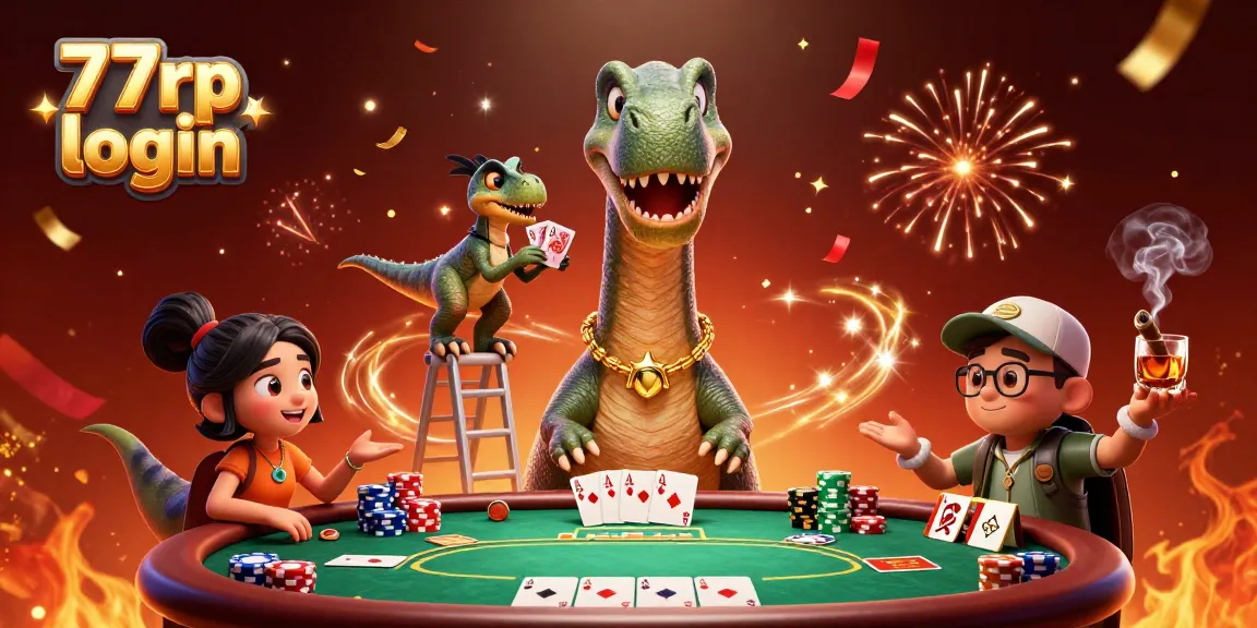 Engage in thrilling 77rp login action at the unique poker scene with vibrant characters and festive atmosphere.