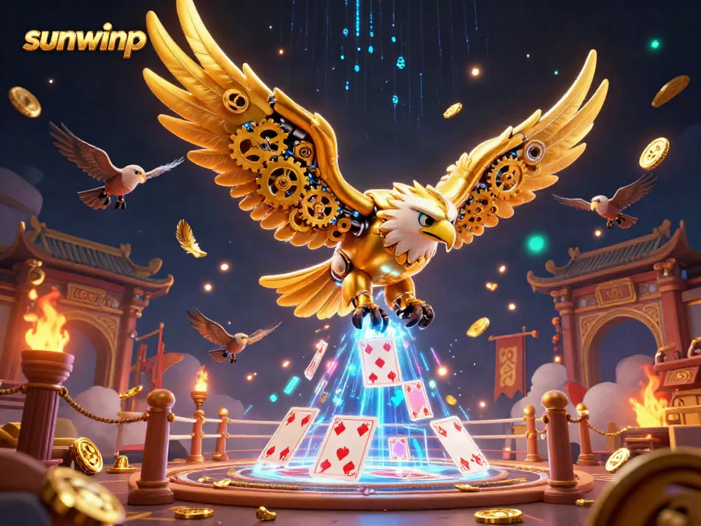 Experience thrilling gameplay with the cybernetic eagle in sunwinp, diving through holographic cards amidst vibrant casino elements.