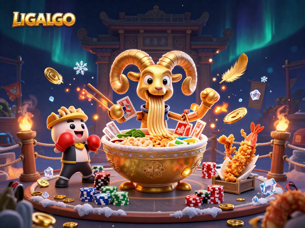 LIGALGO 3D illustration featuring a golden ramen bowl dealer and a sushi roll amidst vibrant casino elements.