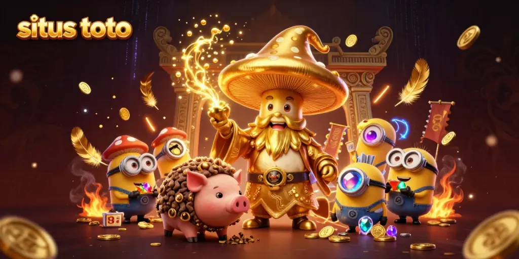 Engage with the vibrant scene featuring the situs toto lottery wizard and familiar amidst gold coins and betting tokens.