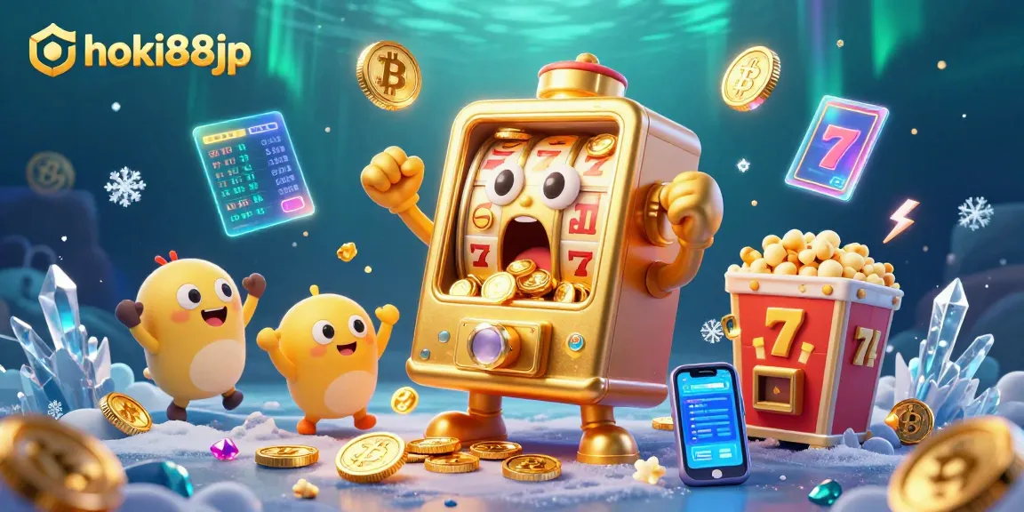 Hoki88jp menampilkan mesin slot emas ceria memenangkan jackpot dengan koin berjatuhan.