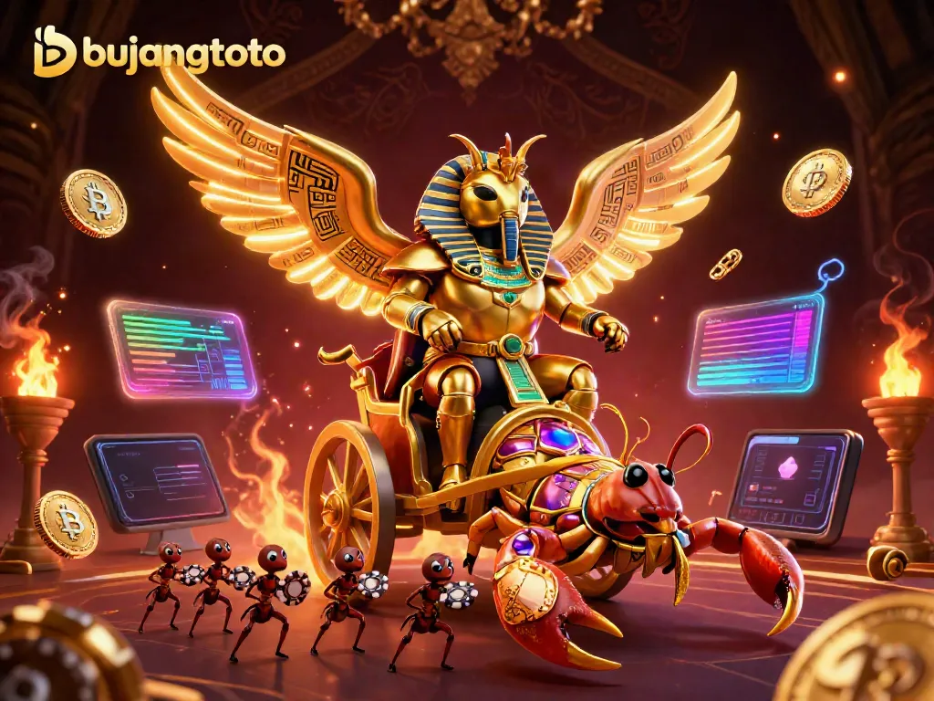 Engage in thrilling gaming action at Bujangtoto, illuminated by glowing crypto elements.