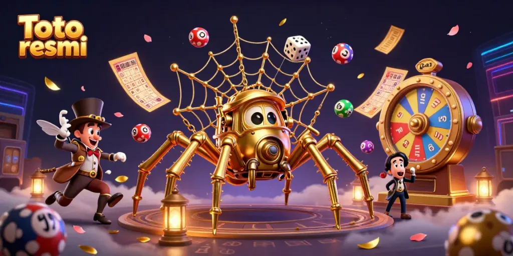 Permainan slot Toto resmi yang menarik dengan web laba-laba emas dan bola lotre berwarna-warni.