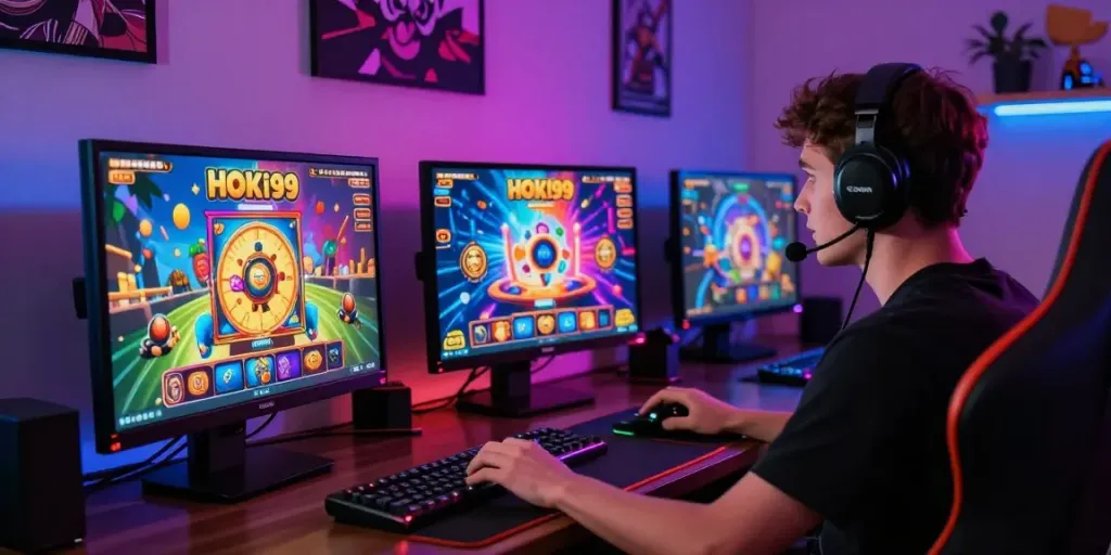 Pemain HOKI99 sedang menikmati permainan slot dengan suasana gaming yang cerah dan dekorasi menarik