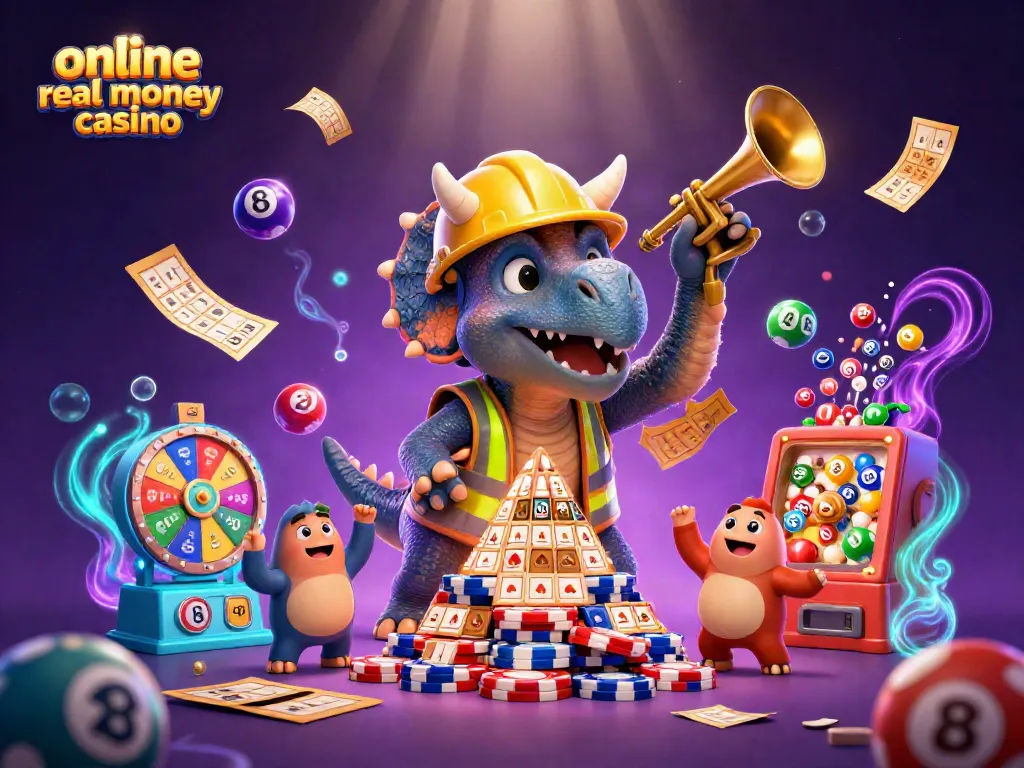Experience the thrill of an online real money casino illustrated with colorful characters and dynamic elements.