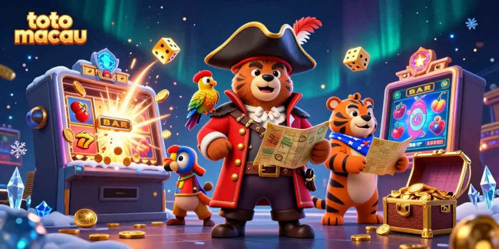 Experience the thrill of toto macau with a pirate bear and tiger in a vibrant casino scene.