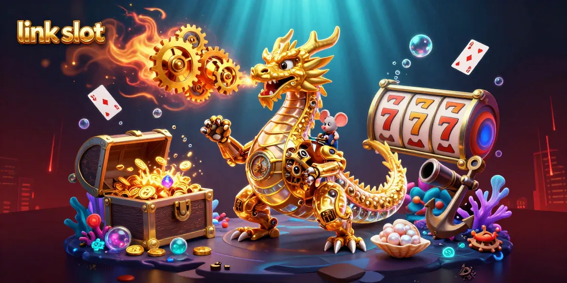 Engage with the vibrant link slot scene showcasing a biomechanical dragon amid slot reels and underwater treasures.