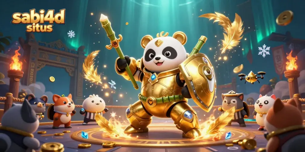 Menjelajahi permainan seru di situs sabi4d dengan panda emas yang mengemudikan robot pertempuran di arena.