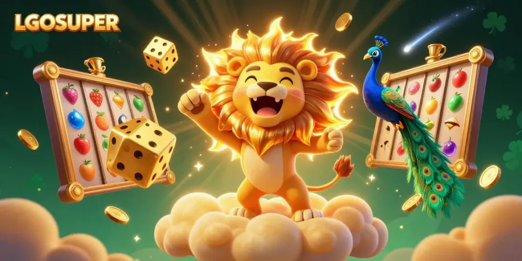 Experience LGOSUPER with a roaring sun lion, vibrant slots, and golden dice illuminating the scene.