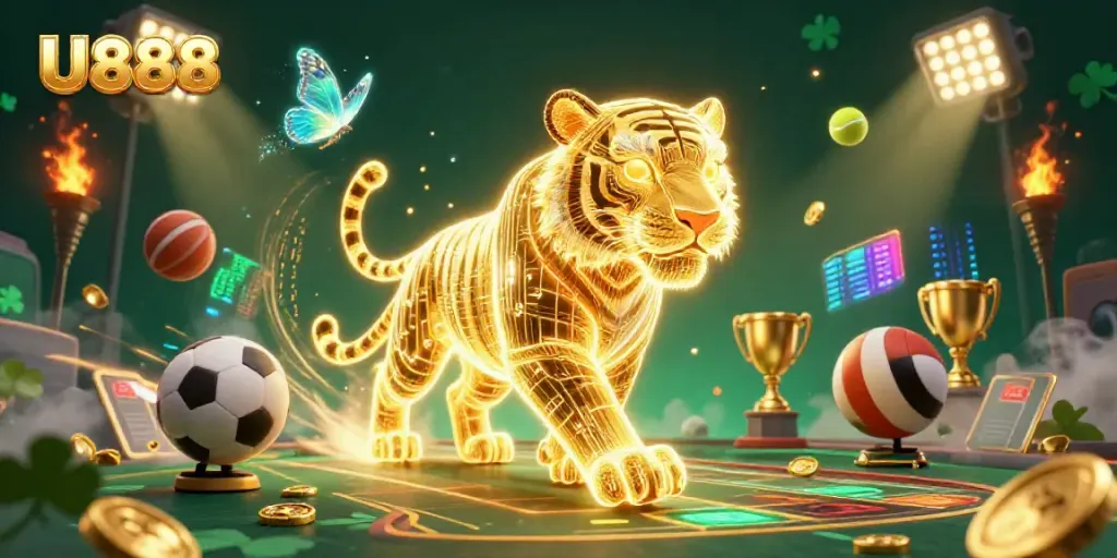 Experience thrilling gameplay with U888's neon tiger and dynamic sports elements in a vibrant casino.
