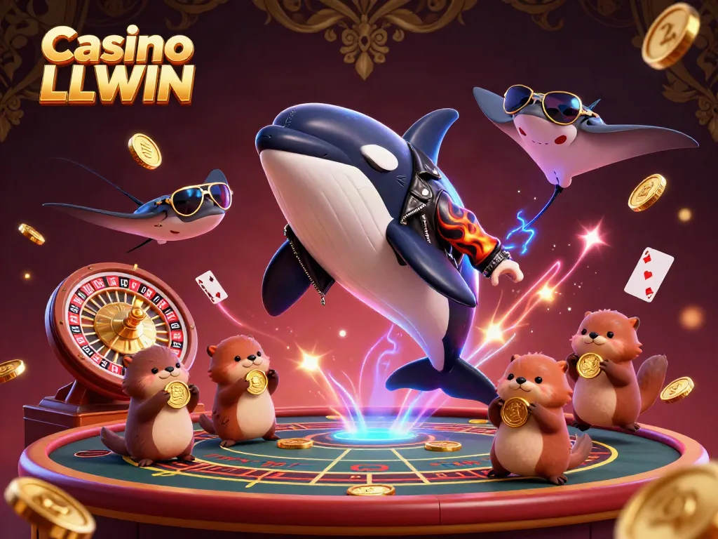 Experience Casino LLWIN's lively energy with an orca, stingray, and sea otters celebrating gaming success.