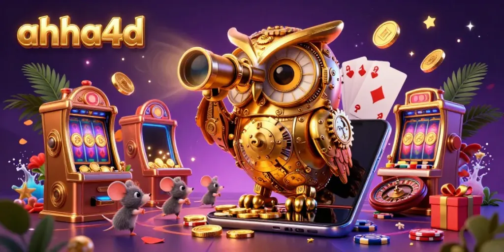 Engage in thrilling gameplay at ahha4d with golden owl overseeing slot action amidst swirling magic.