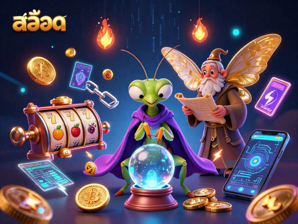 Engage with สล็อต themes through vibrant casino graphics showcasing dynamic slot reels and mystical fortune-telling elements.