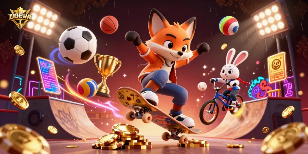 Experience the dynamic gambling fun with UGDEWA as a cartoon skateboarder fox performs tricks over golden poker chips.