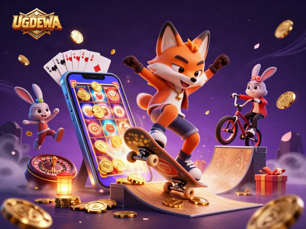 Experience vibrant gaming at UGDEWA with a fox skateboarder and rabbit BMX rider surrounded by casino elements.