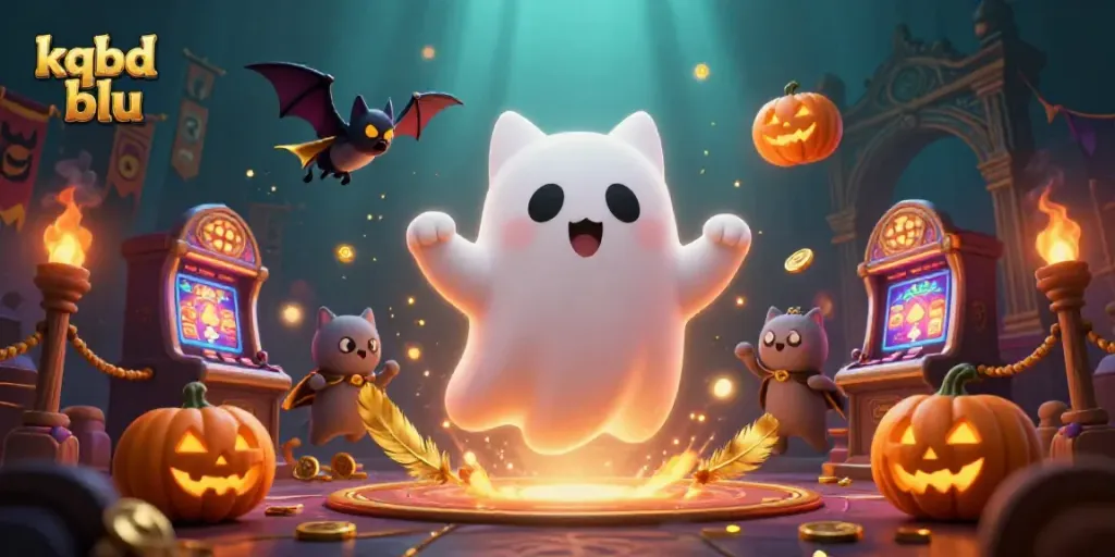 Experience the thrill of kqbd blu with a ghost cat and vampire bat in a haunted casino.