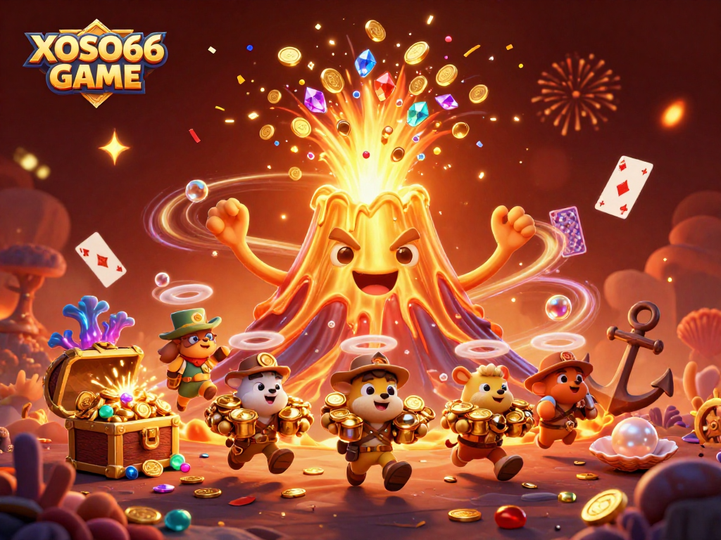 XOSO66 GAME's vibrant volcano illustration showcases treasures and dynamic gaming elements.