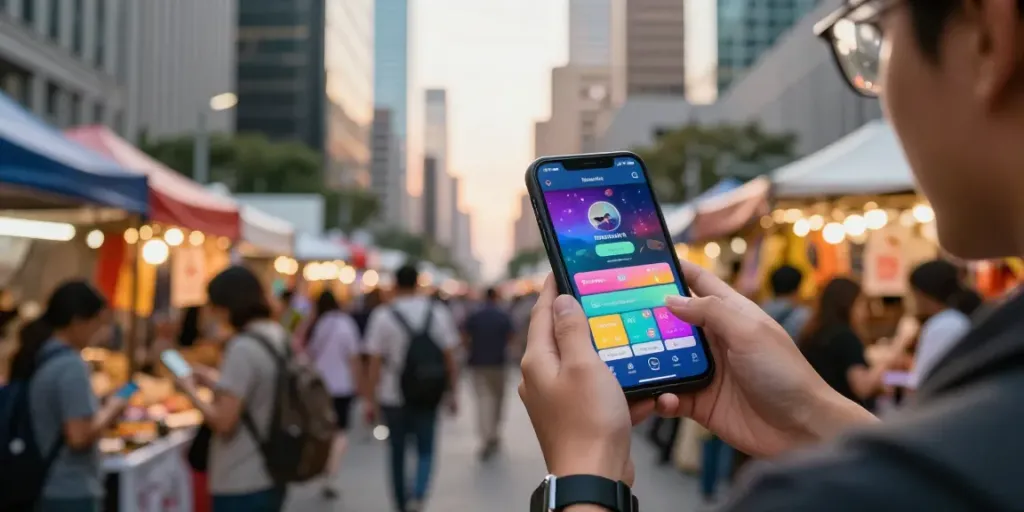Individu menggunakan smartphone untuk menjelajahi aplikasi berkaitan dengan bukumimpi138 di pasar kota yang ramai.