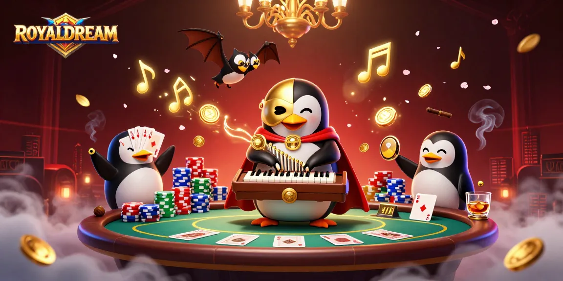 Experience the thrilling atmosphere of ROYALDREAM with a penguin organist and acrobats in a vibrant casino scene.